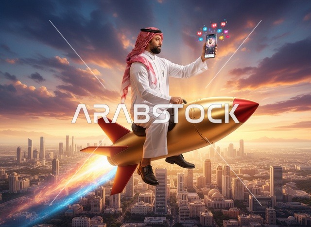 رجل سعودي على صاروخ ذهبي فوق أفق المدينة وقت الغروب