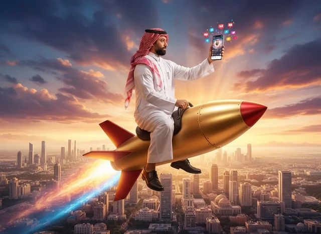 Saudi Man on Golden Rocket over City Skyline at Sunset