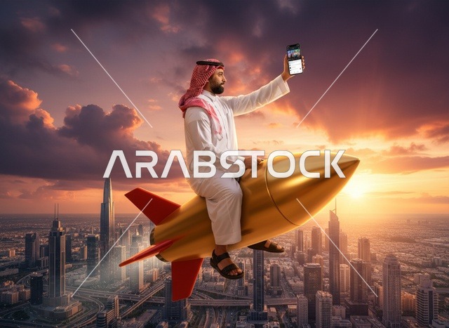 رجل سعودي على صاروخ فوق أفق المدينة وقت الغروب