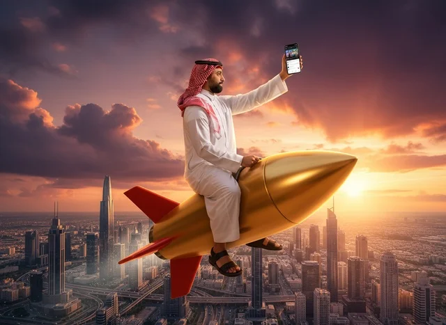 رجل سعودي على صاروخ فوق أفق المدينة وقت الغروب