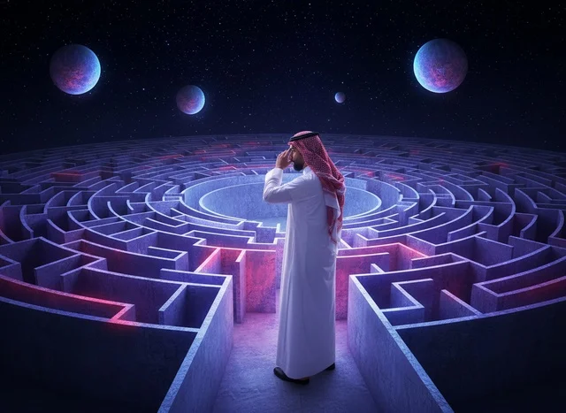 Saudi Man in Glowing Maze Under Night Sky Planets