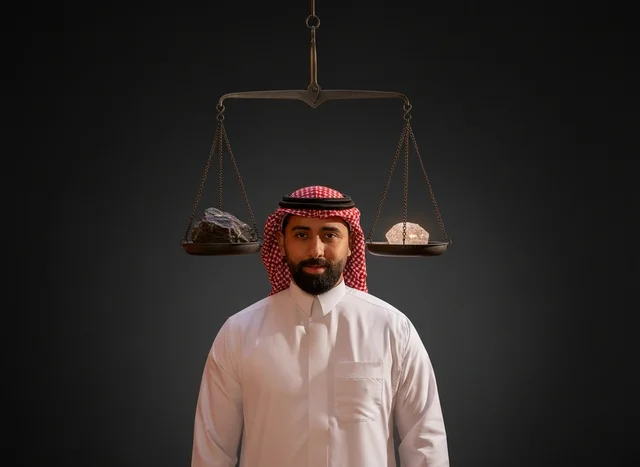 Saudi Man with Balance Scale Diamond and Coal
