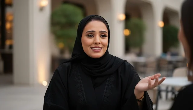امرأة سعودية بالعباءة السوداء تتحدث في جلسة خارجية