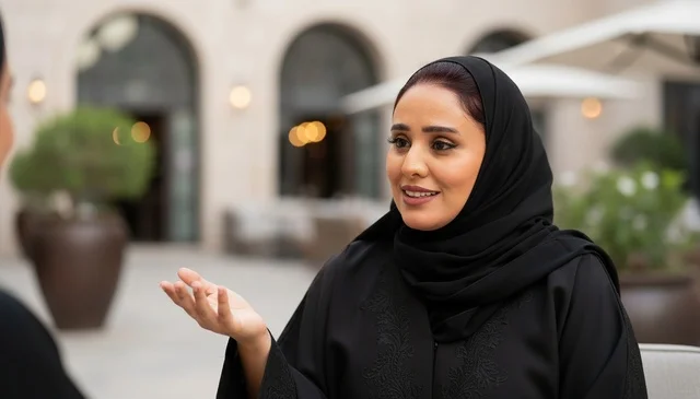 امرأة سعودية بالعباءة تتحدث في فناء خارجي
