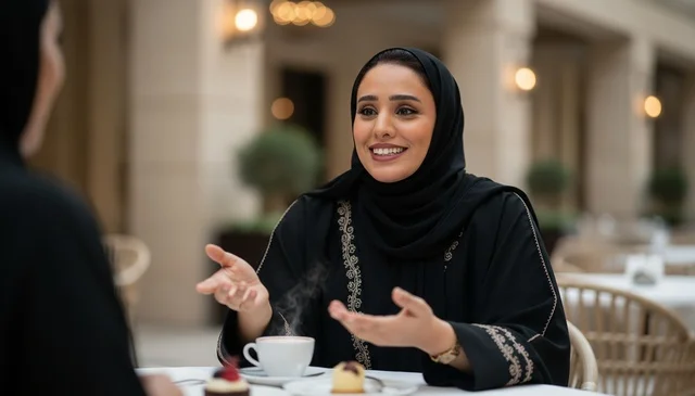 Saudi Woman at Outdoor Cafe Drinking Coffee