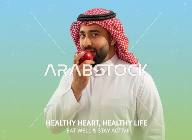 رجل سعودي يتناول تفاحة حمراء لتعزيز صحة القلب