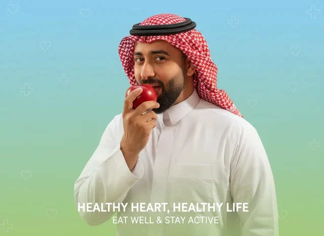 رجل سعودي يتناول تفاحة حمراء لتعزيز صحة القلب