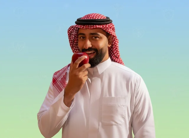 Saudi Man in Traditional Thobe Holding Red Apple Saudi Man in Traditional Thobe Holding Red Apple