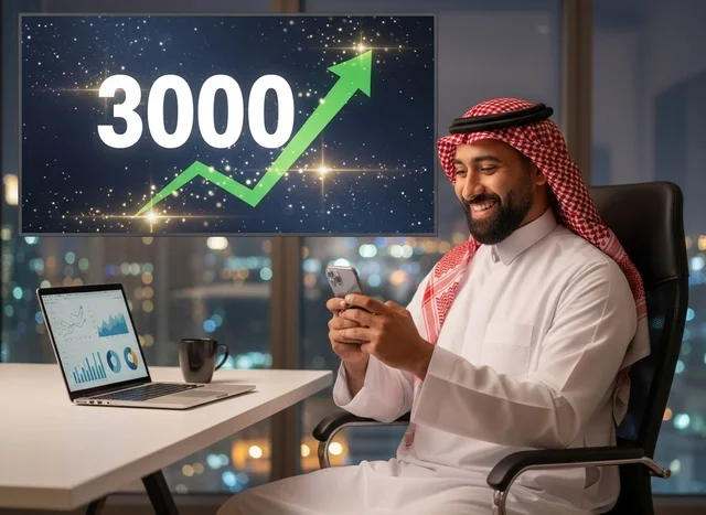 رجل أعمال سعودي في مكتب مع شاشة نمو الأسهم