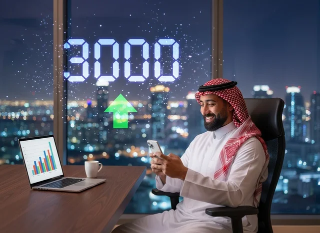 رجل أعمال سعودي في مكتب مع نمو سوق الأسهم