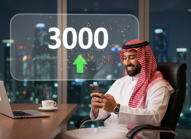 Saudi Businessman in Night Office with Growth Graphic