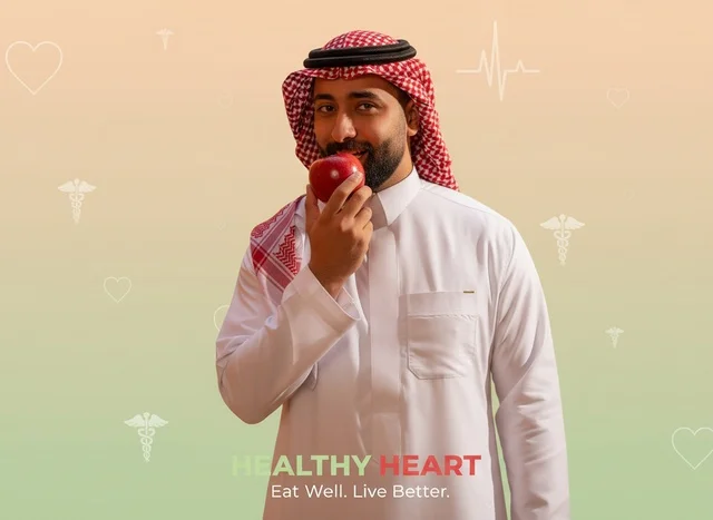 رجل سعودي بالثوب يمسك تفاحة حمراء للتوعية الصحية