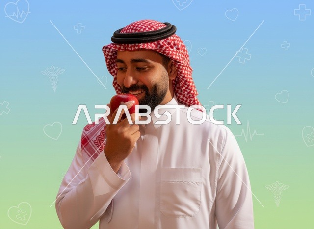 رجل سعودي يحمل تفاحة حمراء لنمط حياة صحي