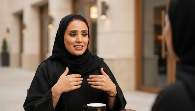 Arab Woman in Black Abaya at Outdoor Cafe
