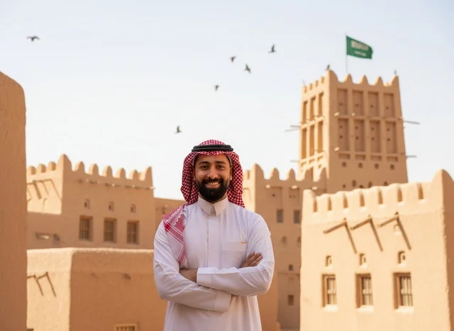 رجل سعودي بالزي التقليدي أمام مبنى طيني تراثي