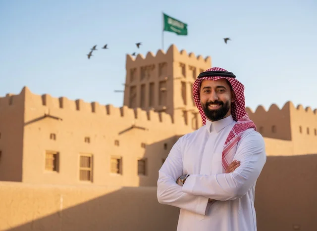 Saudi Man in Traditional Dress at Historical Fortress