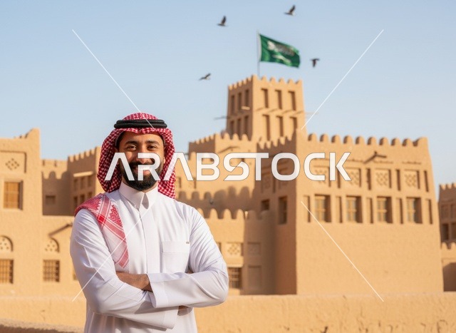 رجل سعودي بالزي التقليدي أمام قلعة تاريخية
