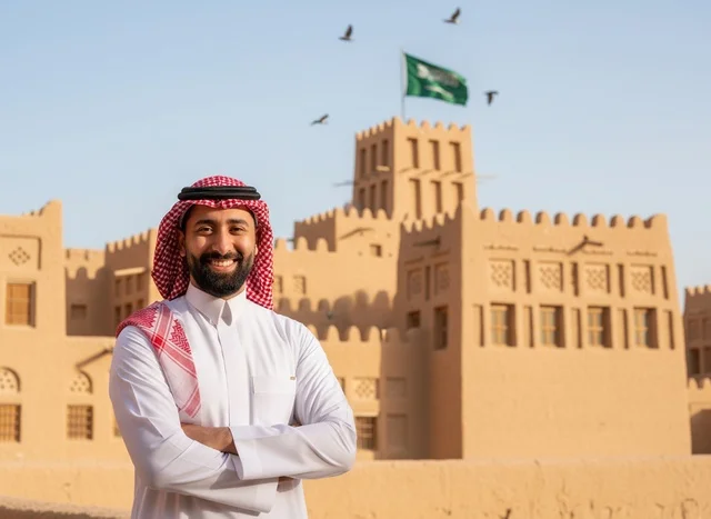 Saudi Man in Traditional Thobe at Historic Fort