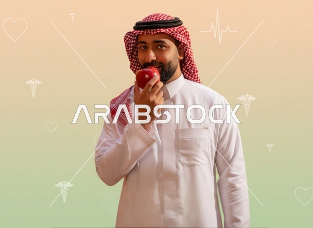 رجل سعودي يمسك تفاحة مع رموز رعاية صحية