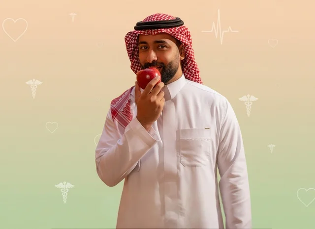 Saudi Man Holding Apple with Healthcare Icons