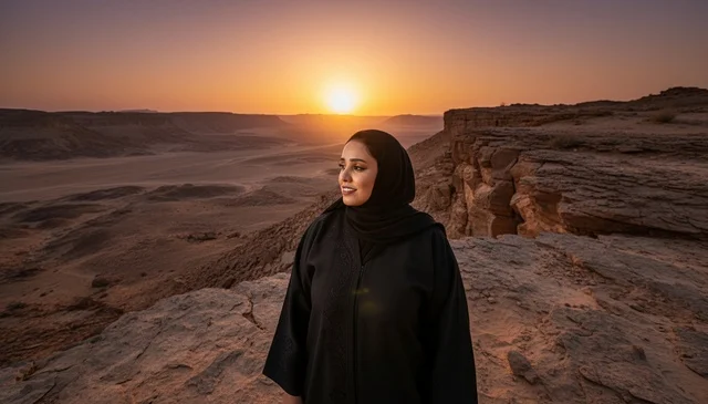 Saudi Woman in Abaya Standing on Desert Cliff at Sunset