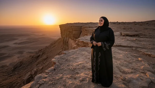 امرأة سعودية بالعباءة على جرف صحراوي عند الغروب