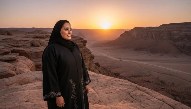امرأة سعودية بالعباءة تقف على منحدر صحراوي وقت الغروب
