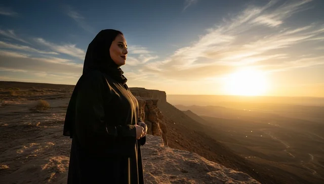 Saudi Woman in Abaya on Desert Cliff at Sunset