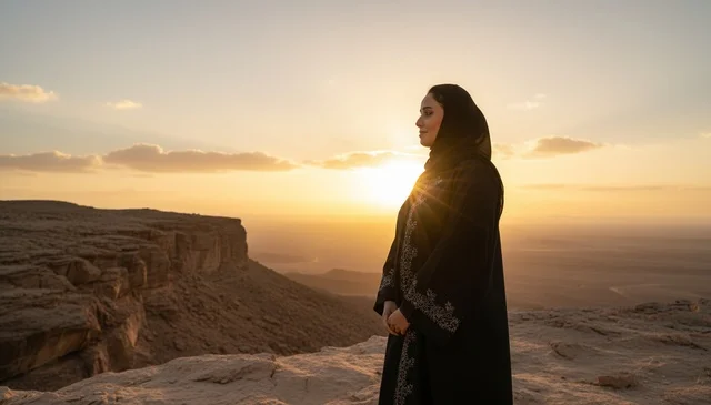امرأة سعودية بالعباءة تقف على جرف صحراوي عند الغروب