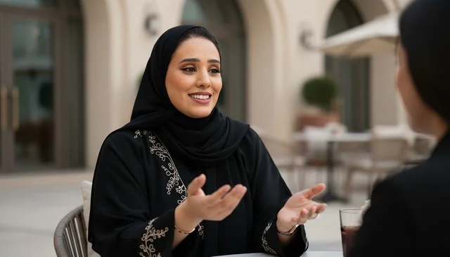 امرأة إماراتية بعباءة سوداء تتحدث في مقهى خارجي