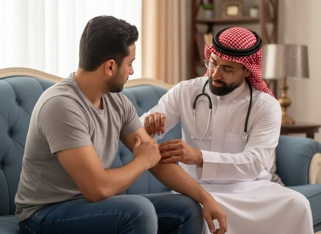طبيب سعودي بالثوب التقليدي يعطي حقنة لمريض في المنزل
