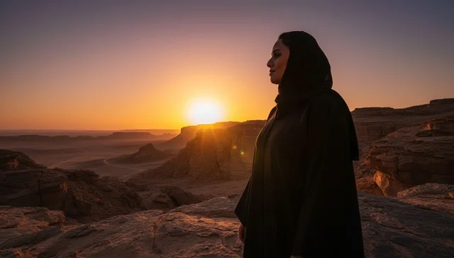 Saudi Woman in Abaya at Desert Sunset