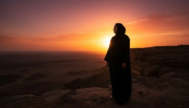 Saudi Woman in Abaya on Desert Cliff at Sunset