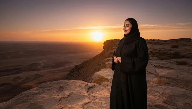 Saudi Woman in Black Abaya at Desert Sunset Cliff