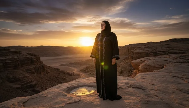 امرأة سعودية بالعباءة التقليدية وقت غروب الشمس بالصحراء