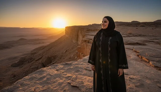 امرأة سعودية على جرف صحراوي وقت الغروب