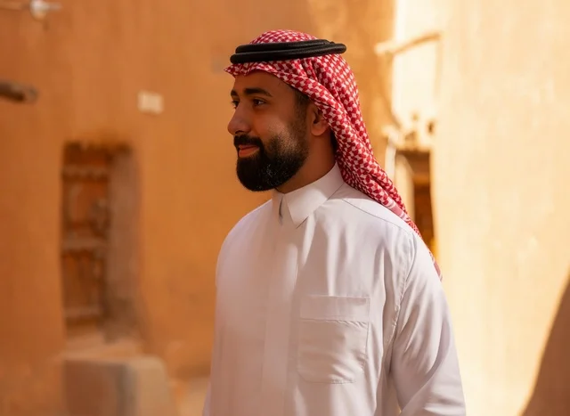 رجل سعودي بالزي التقليدي في موقع تراثي