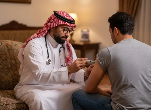 طبيب سعودي يقدم تطعيماً لمريض في المنزل