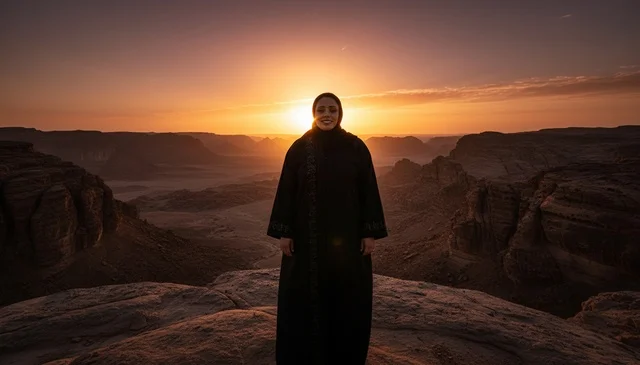 امرأة سعودية بالعباءة في غروب الشمس بالصحراء