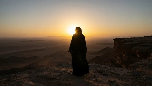امرأة سعودية بالعباءة على جرف جبلي وقت الغروب