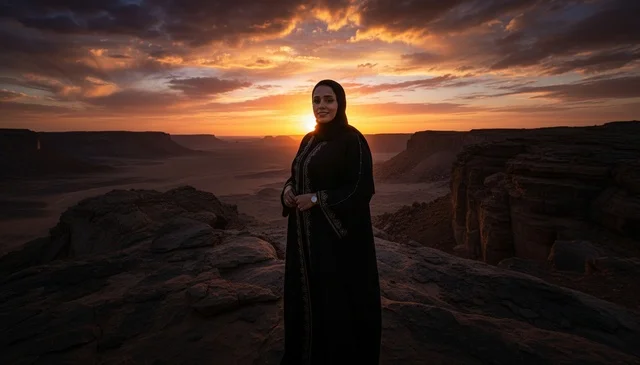 Saudi Woman in Abaya Standing in Desert at Sunset