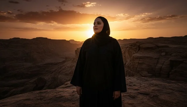 Saudi Woman in Abaya at Desert Sunset