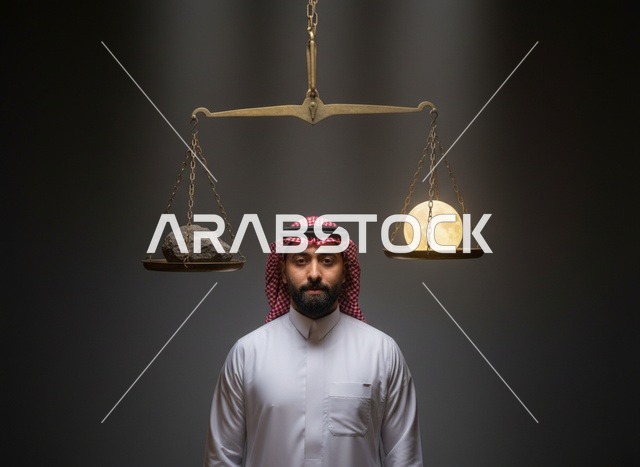 رجل سعودي مع ميزان وقمر مضيء