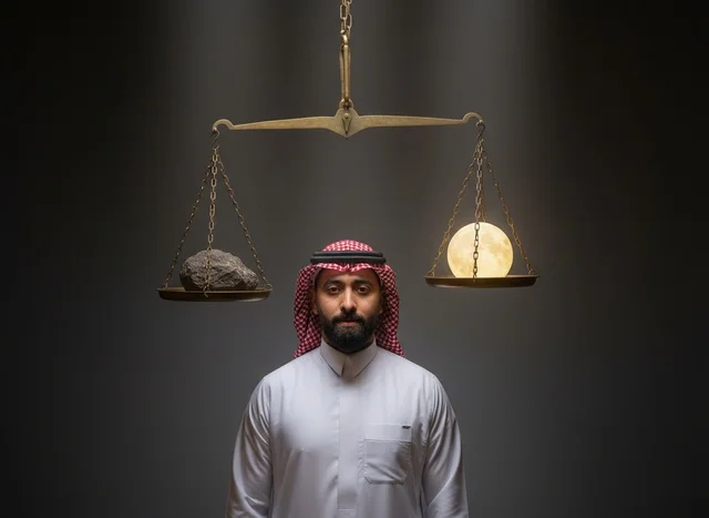 Saudi Man with Balance Scale and Glowing Moon