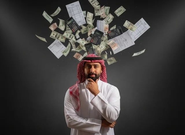 Saudi Man with Flying Money and Calculators Portrait