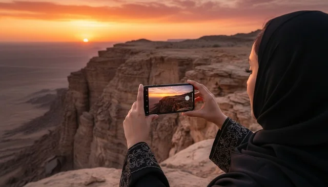 امرأة سعودية بالعباءة تصور غروب الشمس في الأخدود الصحراوي