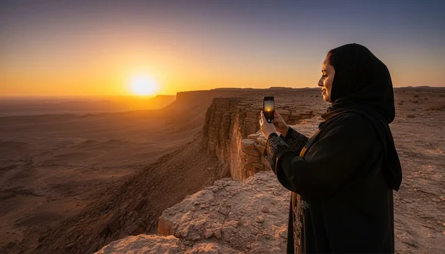 امرأة سعودية عند مطل نهاية العالم في الرياض وقت الغروب