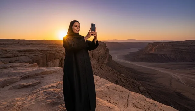 امرأة سعودية بالعباءة في أخدود صحراوي وقت الغروب
