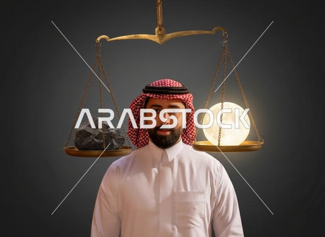 رجل سعودي مع ميزان يحمل قمر وحجر