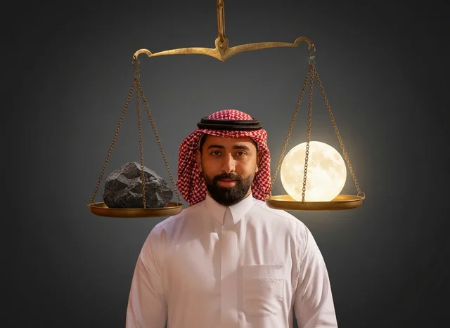 رجل سعودي مع ميزان يحمل قمر وحجر